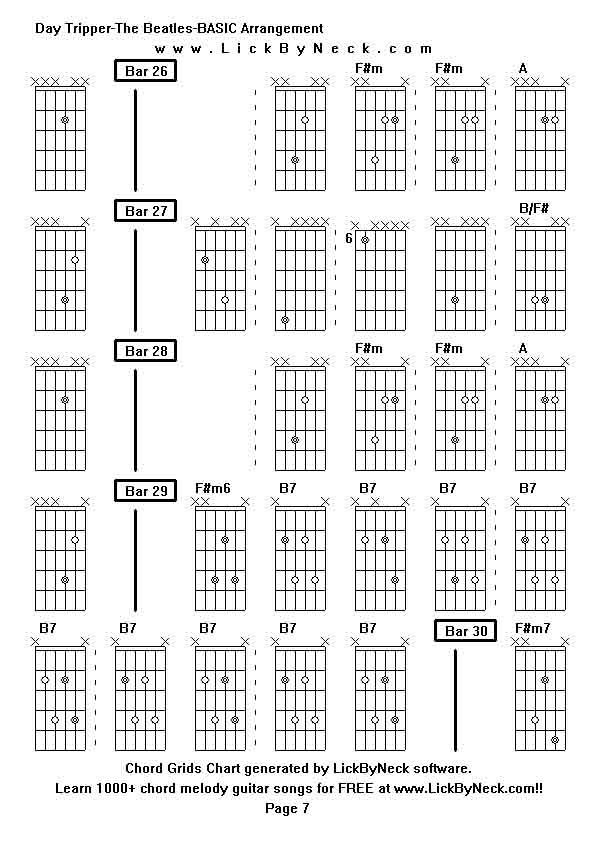 Chord Grids Chart of chord melody fingerstyle guitar song-Day Tripper-The Beatles-BASIC Arrangement,generated by LickByNeck software.